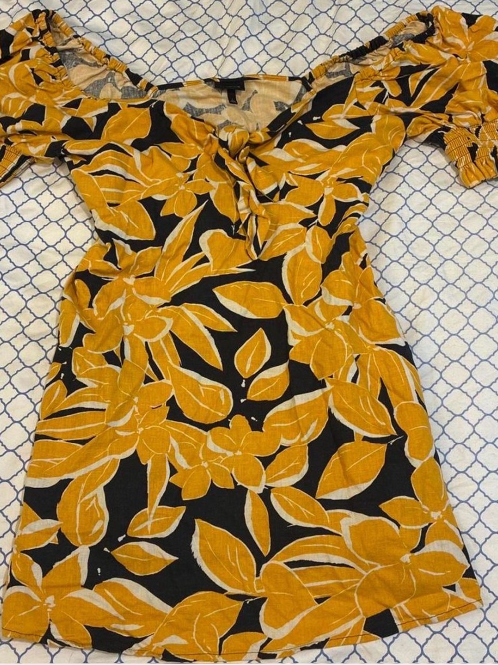 Who What Wear Black and Mustard Floral Off-Shoulder Mini Dress